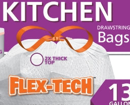 Kitchen Drawstring Trash Bags, Flex-Tech, White, 13 Gallon 20pk
